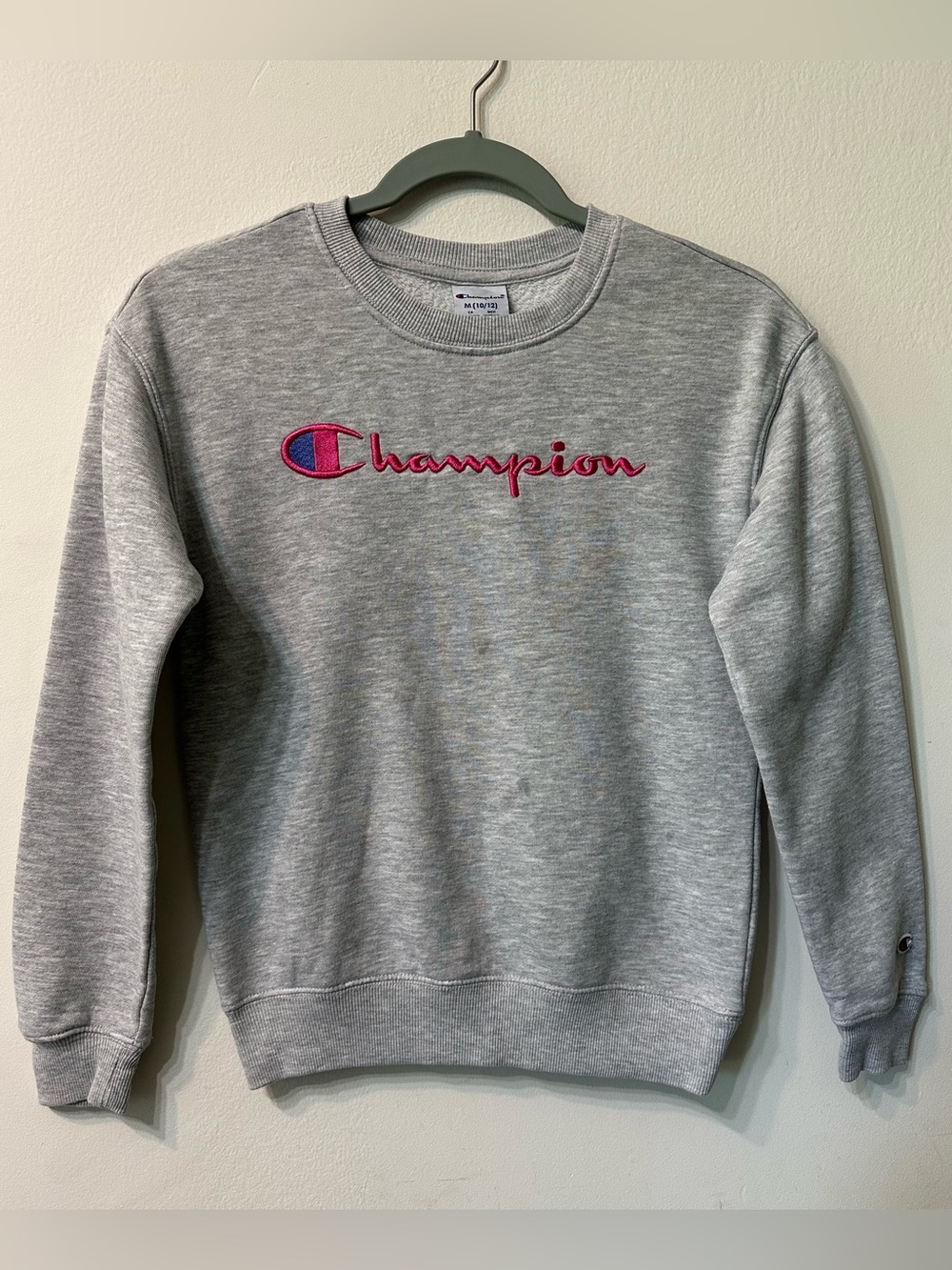 Champion Youth Medium 10/12 Gray Crewneck Sweatshirt Pink Embroidered Logo